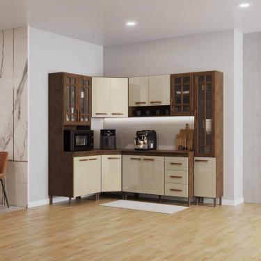 Imagem de Cozinha Modulada Completa Fidelitá Lisboa 6 Peças 375cm 14 Portas 3 Gavetas Com Tampo Noce/Off-White