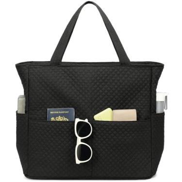 Imagem de Sacola de praia para piscina feminina grande bolsa de ginástica com compartimento molhado para viagens de fim de semana à prova d'água, Quadrados pequenos pretos acolchoados, X-Large