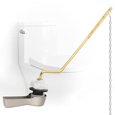 Imagem de iFealClear Substituição universal de alavanca de descarga de tanque de vaso sanitário, kit de substituição de alça de vaso sanitário com correntes de aço inoxidável, alavanca de viagem de vaso sanitário de montagem em ângulo de latão sólido, níquel escovado