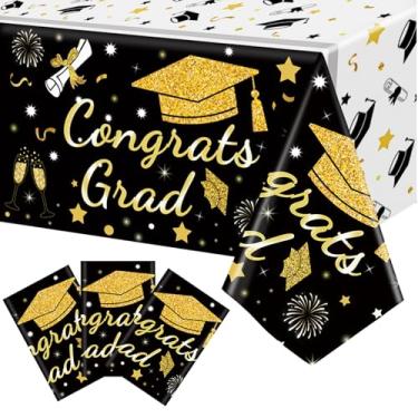 Imagem de MEIDUO Toalha de mesa de formatura 2025, pacote com 3 - 137 cm x 274 cm preto e dourado Congrats Grad Capas de mesa de plástico descartáveis para decoração de festa de formatura de faculdade/ensino
