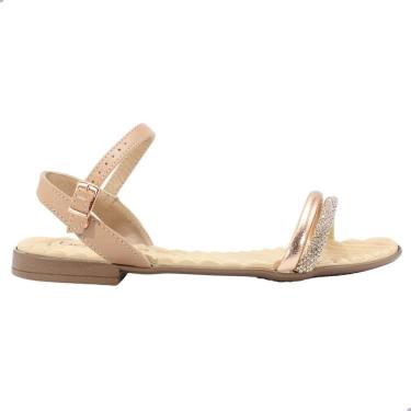 Imagem de Sandália Rasteira Feminina Beira Rio Napa Turim Metalizado Strass Nude e Ouro Rosado