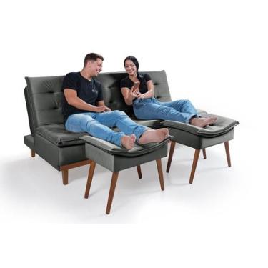 Imagem de Sofá Cama Reclinável Santorini Com Banqueta Puff Veludo Premium Casa I