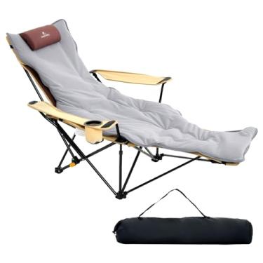 Imagem de Cadeira de acampamento reclinável com apoio para os pés removível, cadeira de praia dobrável leve de 4 posições com almofada de algodão, suporte de copo e bolsa de armazenamento para uso externo
