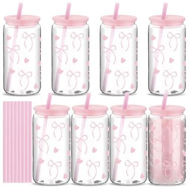 Imagem de Yetene 8 peças de copos de plástico com laço rosa coquete com tampas e canudos 473 ml frascos de acrílico estético reutilizável caneca de café gelado copo de cerveja para festa de aniversário coquete