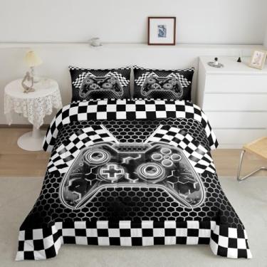 Imagem de Jogo de edredom infantil com tema de carro de corrida, geométrico, favo de mel, alternativo, decoração de quarto de adultos, bandeira quadriculada preta e branca, enchimento interno de microfibra