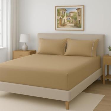 Imagem de Lençol King 3 Peças 300 Fios 100% Algodão Egípcio – Lençol com Elástico + 2 Fronhas com Ponto Palito (Bege)