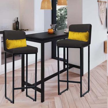 Imagem de Kit 02 Banqueta Alta Com Encosto Industrial Ferro Preto Corino Cinza E Almofada Amarelo - Amey Decor