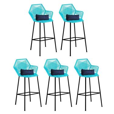 Imagem de Kit 05 Banqueta Alta Sttar Ferro Preto Fibra Azul Turquesa Almofada Sintético Azul Marinho