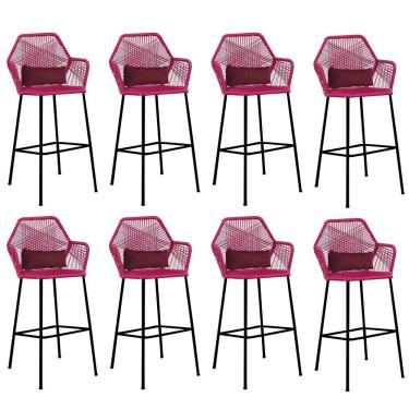 Imagem de Kit 08 Banqueta Alta Com Encosto Sttar Ferro Preto Fibra Pink Almofada Suede Bordô