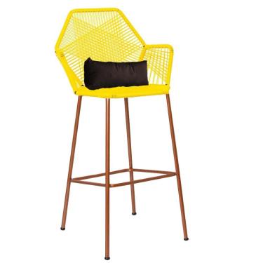 Imagem de Banqueta Alta Sttar Ferro Bronze Fibra Amarelo Almofada Corino Marrom - Amey Decor