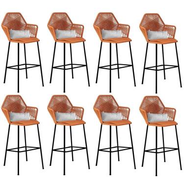 Imagem de Kit 08 Banqueta Alta Com Encosto Sttar Ferro Preto Fibra Terracota Almofada Sintético Branco