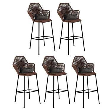 Imagem de Kit 05 Banqueta Alta Sttar Ferro Preto Fibra Marrom Almofada Sintético Cinza