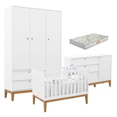 Imagem de Quarto De Bebe Unique 3 Portas Com Cômoda Sapateira Branco Soft Eco Wood E Colchão Gazin - Matic