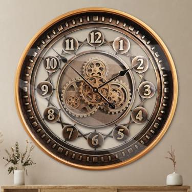 Imagem de Relógio de parede de 61 cm com engrenagens móveis grande industrial steampunk relógio de metal antigo dourado grande decoração de casa de fazenda relógio de parede para sala de estar escritório em