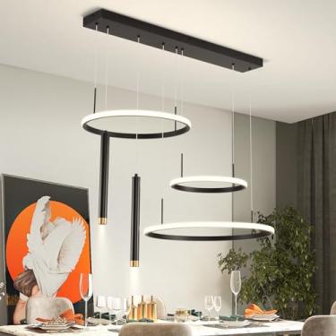 Imagem de KELUOLY Luminária Pendente Moderna De Led, 33,46" Com 3 Anéis Reguláveis, Para Sala Jantar, Ilha Preta, 60 W, Luzes Suspensas Altura Ajustável, Adequada Mesa, Cozinha, Mesa Sinuca