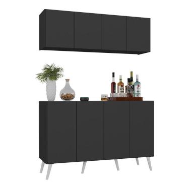 Imagem de Kit Bar Armário Aéreo E Aparador 4 Portas Retrô Multimóveis Mp1086 Preto/branco Preto/branco