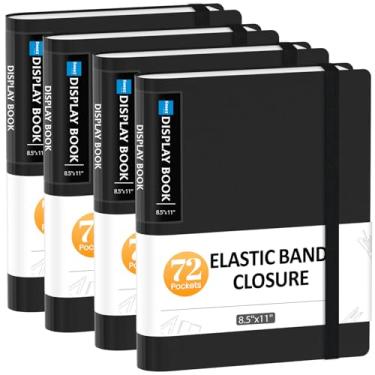 Imagem de Sooez Pacote com 4 fichários de 72 bolsos com mangas de plástico e faixa elástica, grande capacidade de 21 x 28 cm, exibição de livro de apresentação, 144 páginas, pasta de documentos de portfólio de