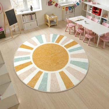 Imagem de LIVEBOX Tapete redondo grande lavável de 1,8 m para quarto de bebê, tapetes circulares macios antiderrapantes para sala de estar, tapetes circulares coloridos arco-íris para quarto de crianças