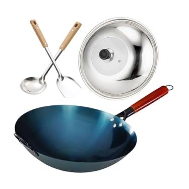 Imagem de Fenteer Iron wok panela de cozinha alça de madeira cozinheira fervente de unstick chef com tampa e colher wok chinês para cozinha de cozinha em casa,