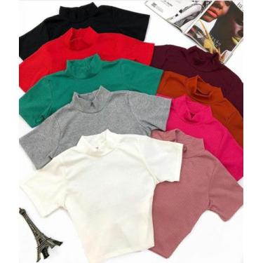 Imagem de Cropped feminino malha canelada gola alta manga curta básico - Moda fi