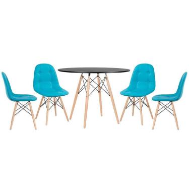 Imagem de Mesa Redonda Eames 100 Cm Preto + 4 Cadeiras Estofadas Eiffel Botonê Azul Tiffany Azul Tiffany