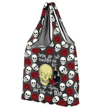 Imagem de CMNIM Skulls Gifts Bolsa de compras dobrável de caveira Roses Are Red Candles Are Lit Do No Harm Take No Shit Skeleton Gift Skulls Print Bag (25623 Skull F)