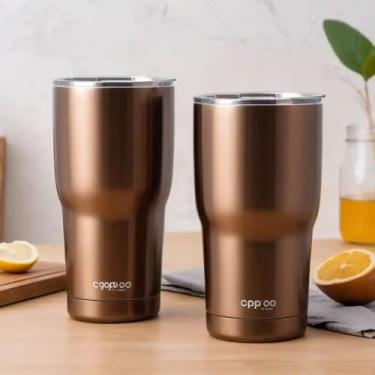 Imagem de Copo Térmico Parede Dupla em Aço Inox Marrom 350ml com Alça Ergonômica - Estilo Minimalista