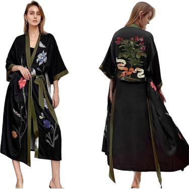 Imagem de Robe Stin Robe Mulheres Verão Camisola Lingerie Impressão Flor Pijamas Camisola V-neck Kimono Roupão De Banho Vestido Loungewear, Black Branch, One Size