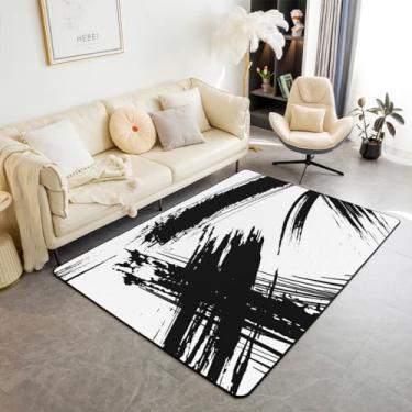 Imagem de jejeloiu Tapete de área preto e branco 12 x 18 cm geométrico arte neutra tapete decorativo moderno listrado tapete decorativo Abstarct decoração de casa tapete de chão interior