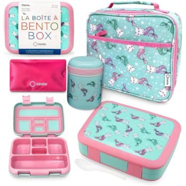 Imagem de Caixa Bento com garrafa térmica de alimentos de aço inoxidável para comida quente ou sopa, lancheira isolada e conjunto de bolsa de gelo para crianças e meninas. Idades 3 a 7 anos, gato água-marinha