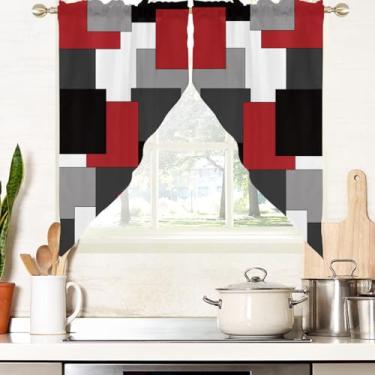 Imagem de AAtter Cortina de saia de cozinha vermelha e preta para janela, branca, cinza, abstrata, geométrica, quadrada, pequena, curta, para casa, quarto, banheiro, 1 par, 71 cm L x 91 cm C, moderna