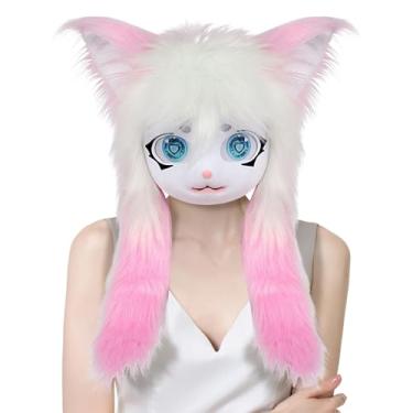 Imagem de Peludas Cosplay Heads - Máscara de cabeça inteira de gato com olhos grandes | Adereços realistas de pelúcia para mulheres, homens, anime
