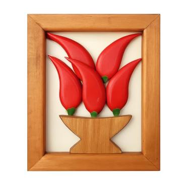 Imagem de Quadro Decorativo Artesanal em Madeira, Pimentas Vermelhas, 24 x 20 cm, Decoração para Cozinha e Área Gourmet