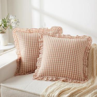 Imagem de KKJIAF Capas de almofada xadrez Euro Sham com babados 50 x 50 cm, conjunto de 2 fronhas xadrez de algodão com babados e fecho de envelope para sofá-cama (xadrez rosa claro)