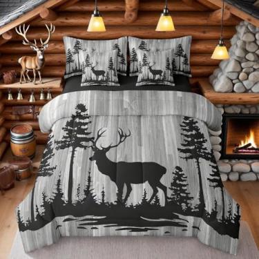 Imagem de Feelyou Jogo de cama de veado fofo para todas as estações, king size, caça, veado, caça, 7 peças, chifres do oeste, animais selvagens, em um saco, conjunto de cama de árvore cinza com edredom,