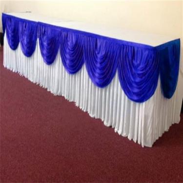 Imagem de Saia de mesa de seda prateada de 3 metros, inclui cortina, toalha de mesa para banquete, saia para festa de casamento, decoração para eventos, branca e azul, 4,2 m de comprimento