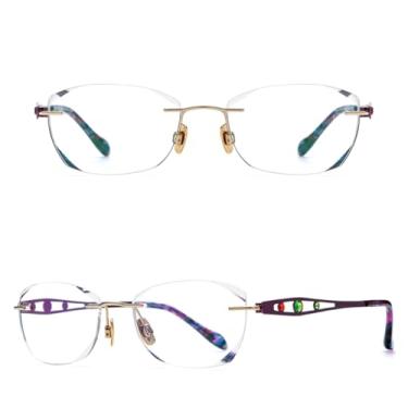 Imagem de VFDHN Óculos de grau femininos de titânio sem aro, ultraleves e luxuosos, sem armação (armação roxa C1)