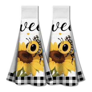 Imagem de WADORN 2 peças de toalhas de mão de abelha de girassol com laço para pendurar, toalhas de cozinha florais doces absorventes macios panos de prato de casa de fazenda xadrez búfalo para presente de