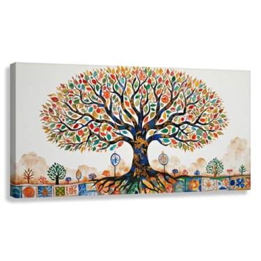 Imagem de Árvore da Vida Arte de Parede Impressão em Tela Decoração Harmonia da Vida Folhas Multicoloridas Flores Olhos Raízes Natureza 80x40cmx1