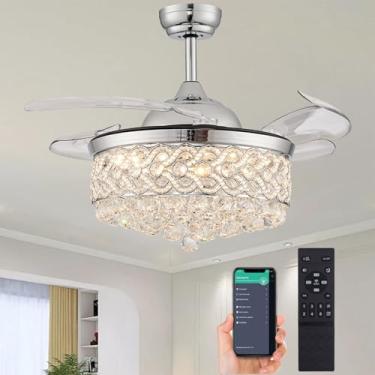 Imagem de PAFRUMGE Ventilador de teto de cristal de 122 cm com luz e controle remoto, lustre regulável com lâminas retráteis invisíveis, ventiladores de teto de lustre moderno com luzes para quarto, sala de