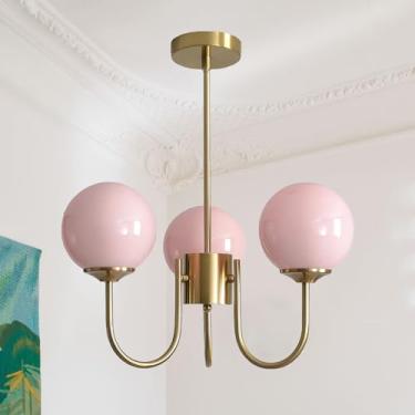 Imagem de APLampara Lustre de bolhas rosa de meados do século, 3 luzes lustres Sputnik de 40,6 cm para quarto de meninas, lustre de latão dourado luminária suspensa para quarto, berçário, sala de jantar