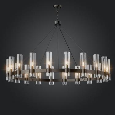 Imagem de LumaVibe Lustre de roda de vagão preto de 152 cm, luminária pendente redonda de casa de fazenda de 20 luzes com sombra de vidro, lustres grandes pendurados de teto alto para sala de jantar, hall de