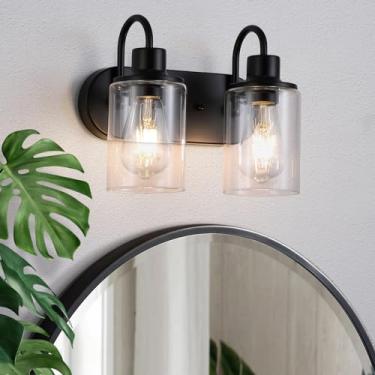 Imagem de Litaddscen Luminária de banheiro preta fosca sobre o espelho, luminária de banheiro de 2 luzes com sombra de vidro transparente, arandelas de parede de fazenda moderna para cozinha, sala de estar