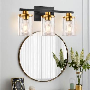 Imagem de GROWER 3 luminárias de banheiro, luz de vaidade preta para banheiro, luzes de banheiro sobre espelho com sombra de vidro transparente, luminárias de penteadeira, arandelas de parede para quarto