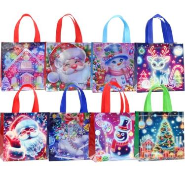 Imagem de 32 peças de sacos de presente de Natal em 8 estilos, à prova d'água, não tecido, pequenos sacos de presente de Natal a granel para embrulho, sacolas reutilizáveis a laser com alças para lembrancinhas
