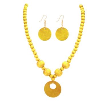 Imagem de A-yeite Conjunto de joias de colar amarelo boêmio para mulheres gargantilha colorida com contas de madeira grossa colar brinco declaração acessórios de praia verão, One Size, Madeira, Sem Pedra