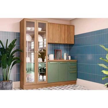 Imagem de Kit Cozinha Modulada 4 Peças Botanic (1Aéreo+1Balcão+1Cristaleira+1Complemento) M656 Nogueira/Verde Oliva - Kappesberg