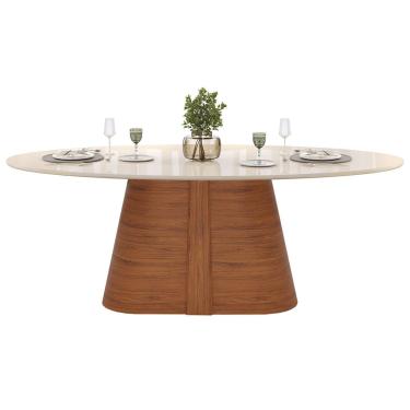 Imagem de Mesa p/ Cozinha Ryze c/ Tampo Madeirado c/ Vidro Oval 218x108cm Freijo/Off White - DJ M...