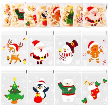 Imagem de FOIMAS 240 unidades de sacos de biscoito de Natal, saco autoadesivo para biscoitos de doces de Natal, pequenos sacos de plástico com floco de neve, Papai Noel, árvores de Natal para lembrancinhas de
