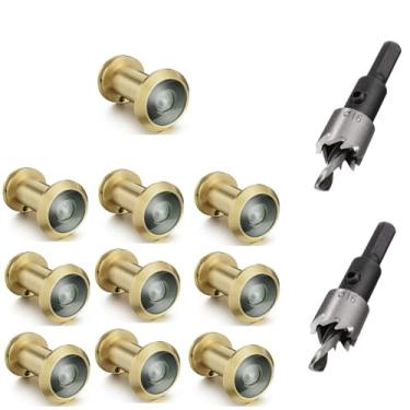 Imagem de TOGU 10 peças de furos de latão sólido de 220 graus para porta com broca de 16 mm, olho mágico de porta de 1,6 cm com privacidade, compatível com porta grossa de 3,5 cm a 6,5 cm, acabamento em ouro